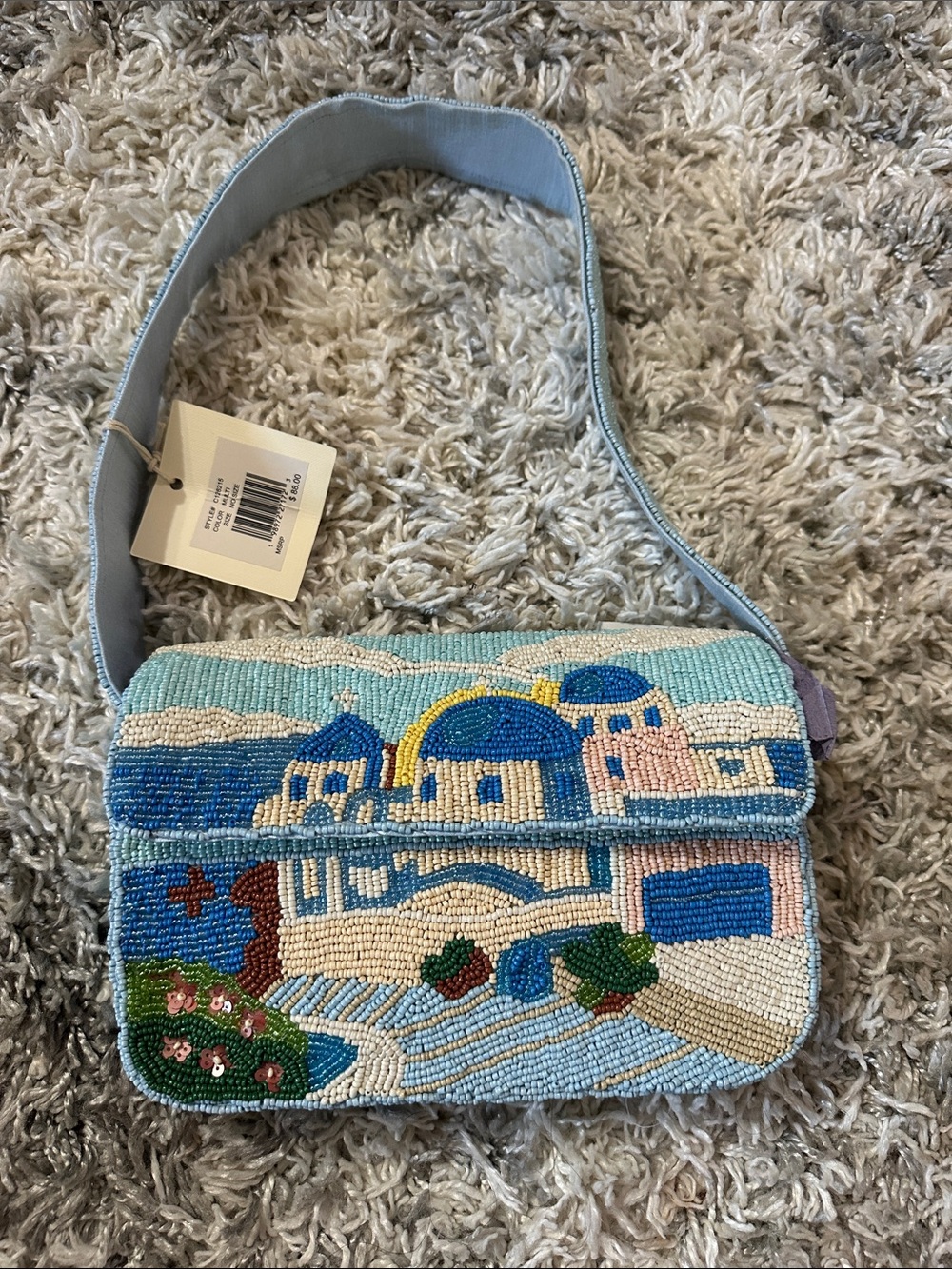 Sol & Mer Beaded Light Blue Crossbody Bag with Mediterranean Village Motif